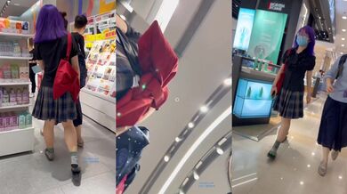 商城跟随偷窥跟闺蜜逛街的格子短裙美眉 小骚丁卡屁沟 丰满肥臀左摇右摆很性感